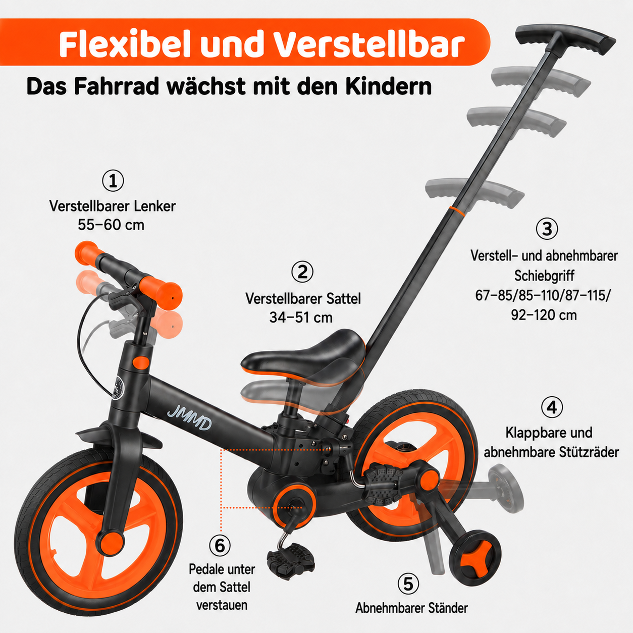 Fahrrad mit verstellbarem Lenker, Sitz und Schubstange sowie abnehmbaren Stützrädern