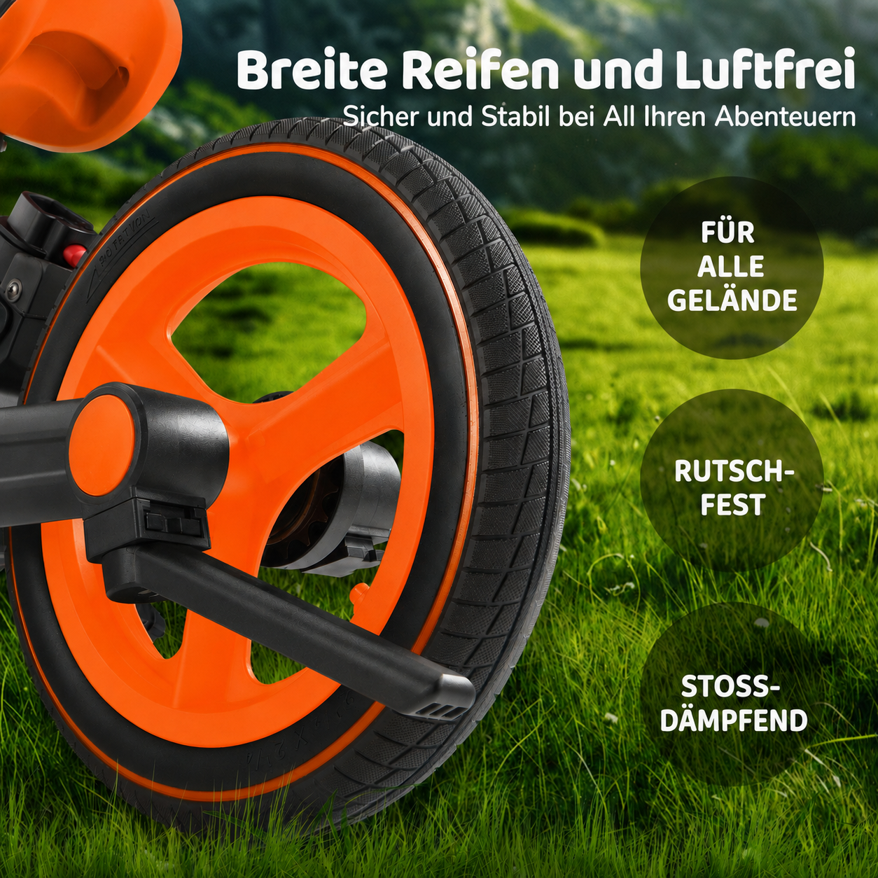 Detailansicht des breiten, schlauchlosen Reifens, rutschfest und für jedes Gelände geeignet