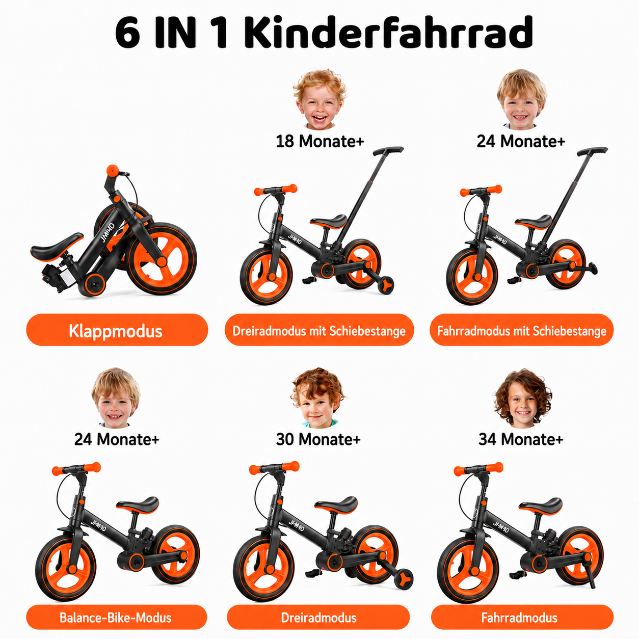 Die 6 Konfigurationen des Kinderfahrrads: Klappmodus, Dreirad mit Schubstange, Fahrrad mit Schubstange, Laufrad, Dreirad und Fahrrad